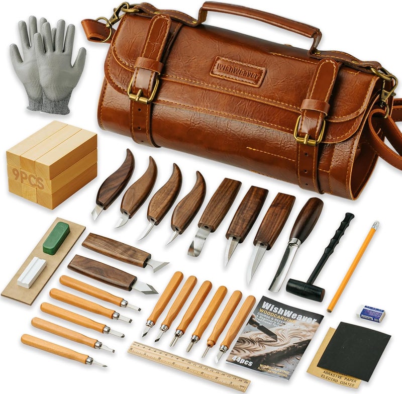 WishWeaver Wood Carving Kit, 44Pcs Wood Carving Tools Set with Thick Leather Storage Bag, Deluxe Wood Carving set, 10 Wood Carving Knives 11 Chisels 9 Blocks Whittling Kit for Beginners Enthusiasts Kids Gift DIY - Image 1